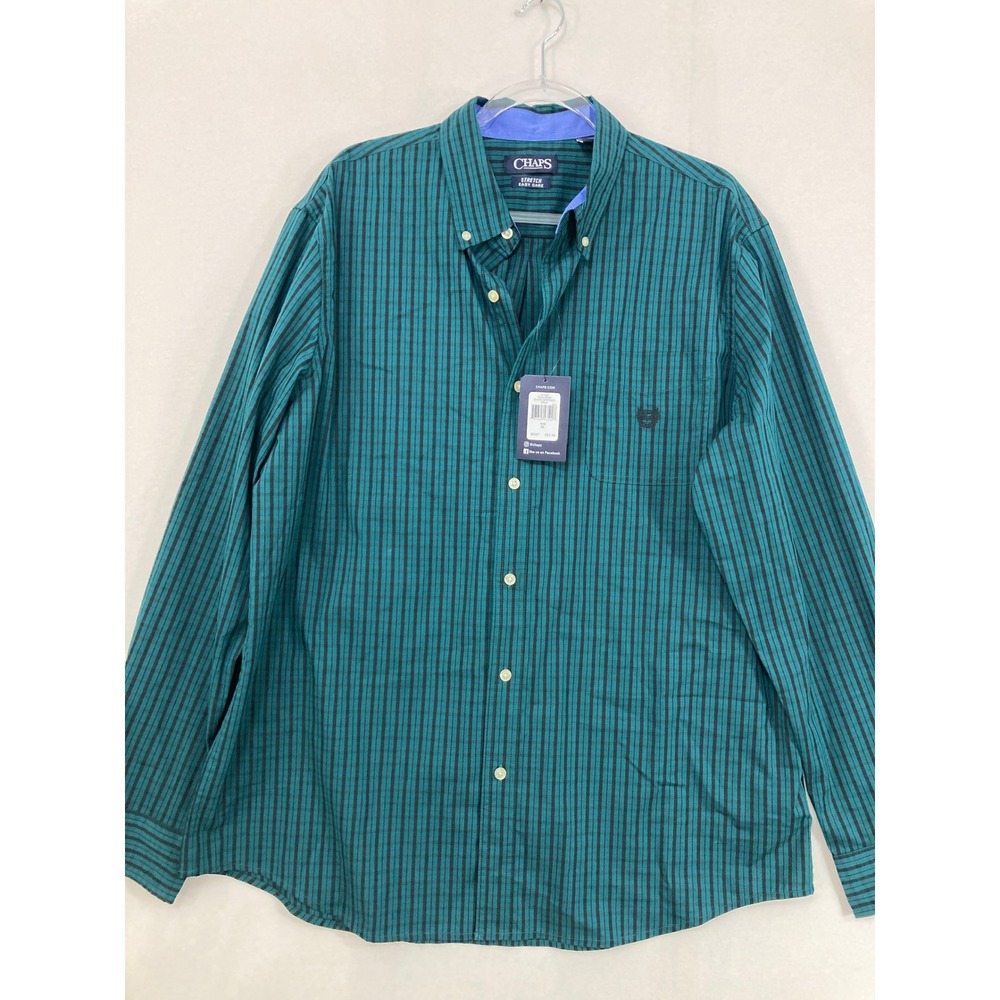 New Chaps Button Down Shirt XL Green‎ Striped Easy Care Long Sleeve Office